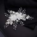 Bridal hair comb featuring white handmade flowers and silver rhinestone leaf ornaments - Silver Large White Flower Hair Comb (HS-J6097)