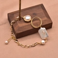 Baroque natural pearl bracelet with golden spiral charm and delicate links - Square Baroque Ring Bracelet