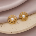 Vintage style gold-plated stainless steel stud earrings with white pearl and woven texture - Gold + Pearl