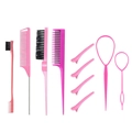 Professional 9-piece pink hair styling tool set including combs, brushes, and clips - Pink 10-Piece Set