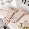 Women's winter thermal touchscreen gloves in soft pink with thick plush faux fur cuffs - Large Fur Cuff Rabbit Fur / Beige