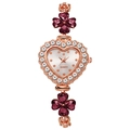 Elegant heart-shaped quartz watch with rose gold clover links and rhinestone bezel - Rose Gold White