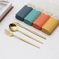 Portable golden stainless steel cutlery set with blue green orange and yellow cases - Type E Gold