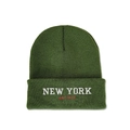 Detailed close-up of dark green knit beanie with white New York and red EST. 1625 embroidery - M (56-58cm) / Army Green