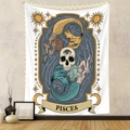 Detail of Pisces gothic tapestry featuring skull, mermaids, and celestial astrology symbols - Pisces (GT220622)
