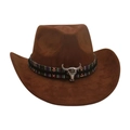 Brauner Western-Cowboyhut aus Filz mit Ethno-Webband und silbernem Stierschädel-Dekor - Kaffeebraun
