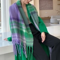 Écharpe à carreaux style cachemire en violet et vert avec détails de franges - 52s Violet Vert à Carreaux