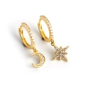Detailed view of asymmetric gold star and moon drop earrings with micro-pave crystals - 5-Gold Asymmetric Moon Star