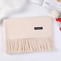 Light beige cashmere-feel scarf with elegant fringe and branded label for winter - Cream