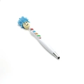 Funny blue plush hair ballpoint pen with cartoon face and rainbow tie clip on white body - White