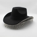 Chapeau de cowboy noir en feutre avec franges en strass argentés pour la fête - M(56-58cm) / Noir