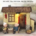 Miniature old couple figurines at cozy house landscape, 19x8x15cm traditional decor - Old Couple Figurine / 935-11 Village House Playing Chess Style