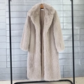 Long faux fur coat in beige featuring a classic lapel and thick high-density texture - Khaki