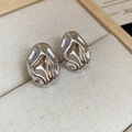 Macro shot of silver irregular geometric metal earrings in a beige jewelry box liner - Silver Oval With Steel Pin