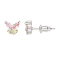 Silver butterfly stud earrings with pink and yellow zircons shown in front and side view - Silver Pink Yellow