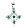 Silver flower cross pendant with five sparkling green gemstones and polished finish - Style 10 (Silver Cross Green Gem)