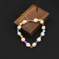 Natural pearl bracelet with colored heart charms and adjustable 18k gold chain link - Colorful Heart Spaced Set Freshwater Pearl Bracelet