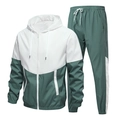 Men's forest green and white tracksuit set with hooded windbreaker and matching pants - Light Green and White Patchwork