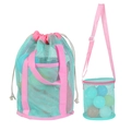 Pink and teal mesh beach bag set for kids featuring drawstring and zipper closures - Green Mesh Bag 2-Piece Set (Bucket + Handbag)