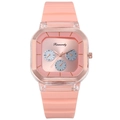 Detailed view of square rose gold watch face with orange silicone strap and transparent case - Pink Orange
