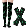 Detail of St. Patrick's Day black over-the-knee socks with green shamrock patterns - Gloves And Socks / Large And Small Leaves Black Style (2#)