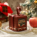 Dark red Christmas gift box with handle and transparent window featuring festive illustrations - Christmas Square-Red