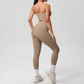 Detail view of mocha brown high-waist yoga leggings and sports bra set for fitness - Mocha Brown
