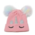 Rosa Einhorn-Strickmütze für Kinder mit Regenbogen-Pompons und silbernem Horn - M (54-56cm) / Rosa