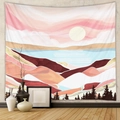 Detailed view of abstract mountain tapestry with sun and pine trees on a grey wall - Pink Orange Mountains and Lake Silhouette (GT428-33)