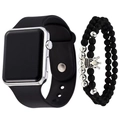 Men's fashion LED silicone electronic watch and beaded bracelet set with silver crown - Black Silver + Bracelet