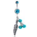 Detailed silver belly ring featuring a blue feather charm and turquoise beads detail - Style 6 (Feather Turquoise)