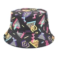 Retro bucket hat with colorful Memphis geometric patterns and animal prints on black canvas - M (56-58cm) / Retro Geometric Print (1#)