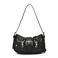 Black PU leather half-moon crossbody bag with silver studs and decorative buckles - Black