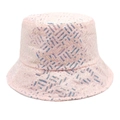 Macro detail of pink sequin bucket hat with reflective FF monogram pattern and stitching - Light Pink