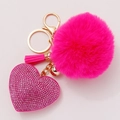 Portachiavi con pompon in finta pelliccia rosso rosa, cuore di strass e nappa dorata - Rosa Rosso