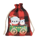 Christmas red black plaid linen drawstring gift bag with polar bear and penguin design - Red & Black Plaid - Deer & Penguin