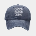 Macro detail of washed cotton baseball cap fabric and religious slogan print - Navy Blue