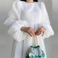 White crew neck puff sleeve dress with 3D bubble texture and green sequined handbag - S / White