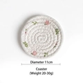 Round 11cm woven cotton coaster featuring pink floral patterns and green leaf prints - Peach Coaster 11cm