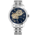 Silver automatic watch with navy blue skeleton dial and gold mechanical gears - Silver Case Black Dial (Steel Strap)