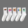 Five pack of white cotton crew socks featuring various street style graffiti prints - 5 Pairs (Styles 3, 4, 5, 6, 7)