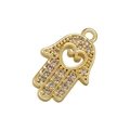 Detailansicht goldener Hamsa Hand Anhänger mit Herz-Ausschnitt und Zirkonia Besatz - Goldene Hamsa-Hand