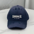 Detailed view of distressed navy baseball cap with white embroidered text on washed cotton - One Size (54-60cm) / Navy Blue