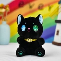 Cute black plush cat keychain with colorful embroidered eyes and golden bell detail - Black