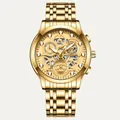 Golden stainless steel men's watch with skeletal mechanical dial and functional chronographs - All Gold