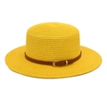 Detail of yellow straw boater hat featuring a brown leather band and metal buckle strap - M (56-58cm) / Yellow