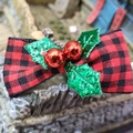 Red and black checkered Christmas bow with green glitter leaves and tiny red bells - Christmas Bow 16