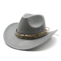 Detail view of a gray wool felt cowboy hat featuring ethnic woven band and gold beads - M (56-58cm) / Gray