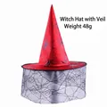 Red witch hat with black spider web patterns and lace veil for Halloween party costume - Veil Witch Hat Red