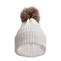 Dettaglio del berretto in maglia a coste bianco con pompon in ecopelliccia marrone - Bambini / Bianco